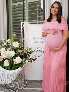 Pink Off Shoulder Plated Ruched Big Swing Elegant Maternity Maxi Dress